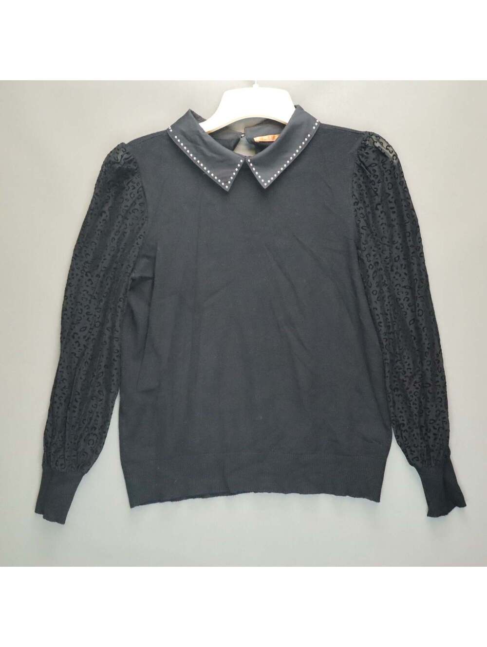 Belldini Black Sweater Collared Studded Sheer Leopard Mesh Long Sleeve Top XS